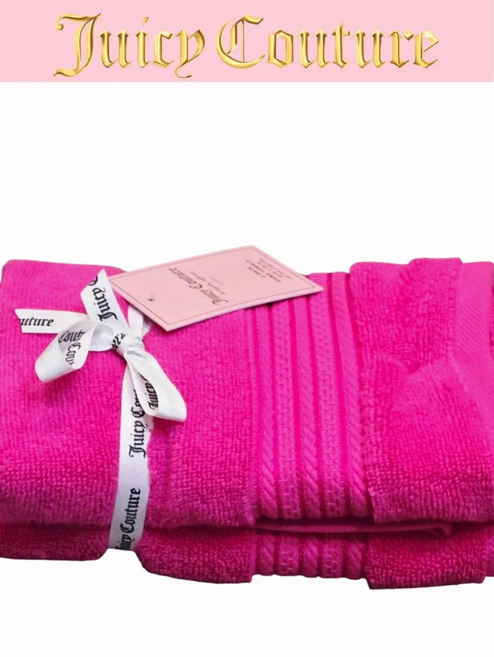 Juicy Couture Home Pink Embroidered Stripes Plush Hand Towel Set- Pink